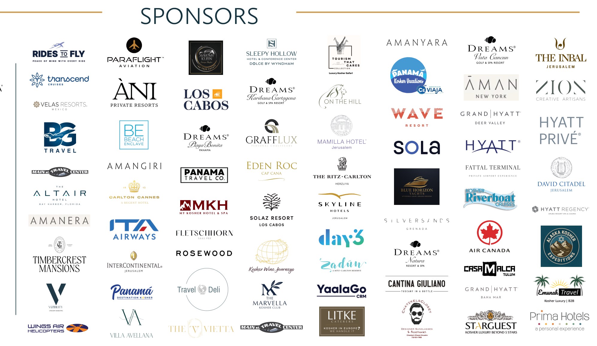 Logos of the remaining Jetcon 2026 sponsors, including Aman New York, Amangiri, Amanyara, Amanera, Rosewood, The Ritz-Carlton Herzliya, Zadún a Ritz-Carlton Reserve, Air Canada, ITA Airways, Grand Hyatt, Hyatt Privé, InterContinental Jerusalem, Mamilla Hotel, David Citadel, The Inbal, Casa Malca Tulum, Eden Roc Cap Cana, Solaz Los Cabos, Silversands Grenada, Carlton Cannes and many more.